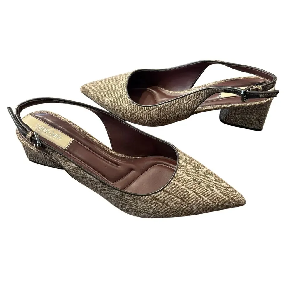 Franco Sarto Women’s brown tweed herringbone block heel sling back, Size 11M